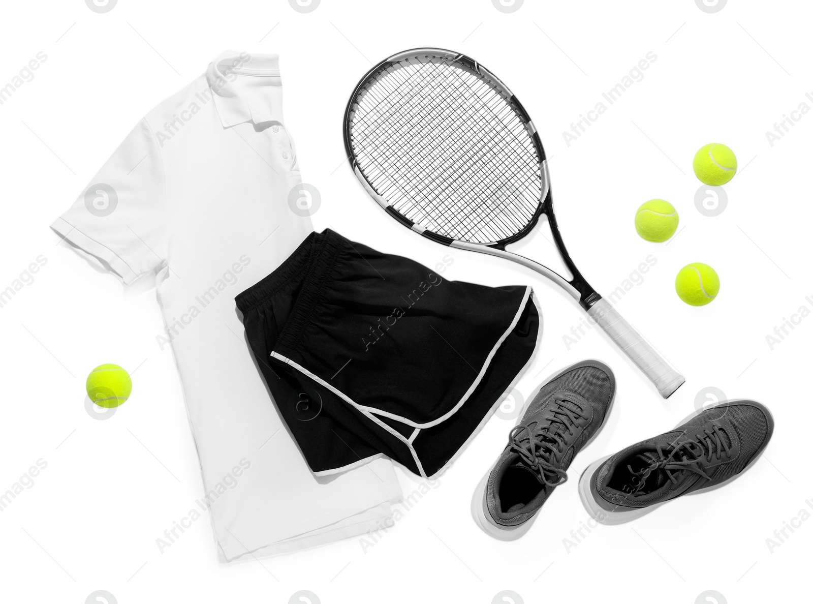 Photo of Tennis racket, balls and sportswear isolated on white, top view