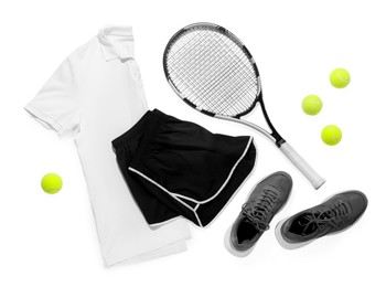 Photo of Tennis racket, balls and sportswear isolated on white, top view