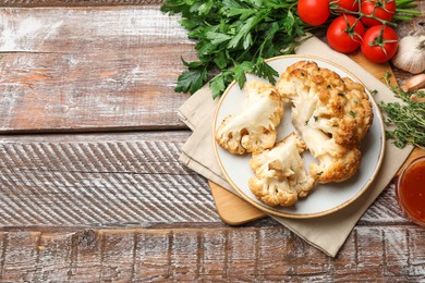 Photo of Plate with tasty baked cauliflower and products on wooden table, flat lay. Space for text