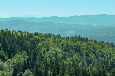 Picturesque view of mountains with trees under sky