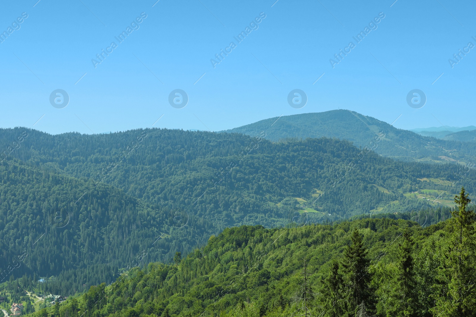 Photo of Picturesque view of mountains with trees under sky