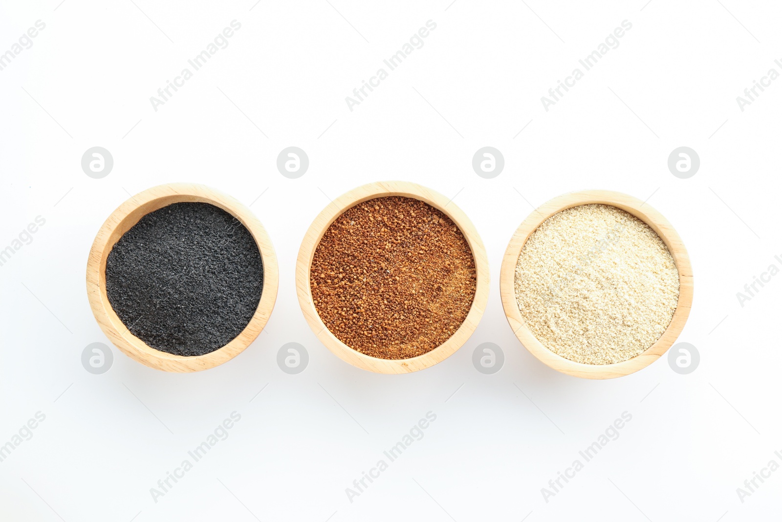 Photo of Different superfood powders in bowls on white background, flat lay