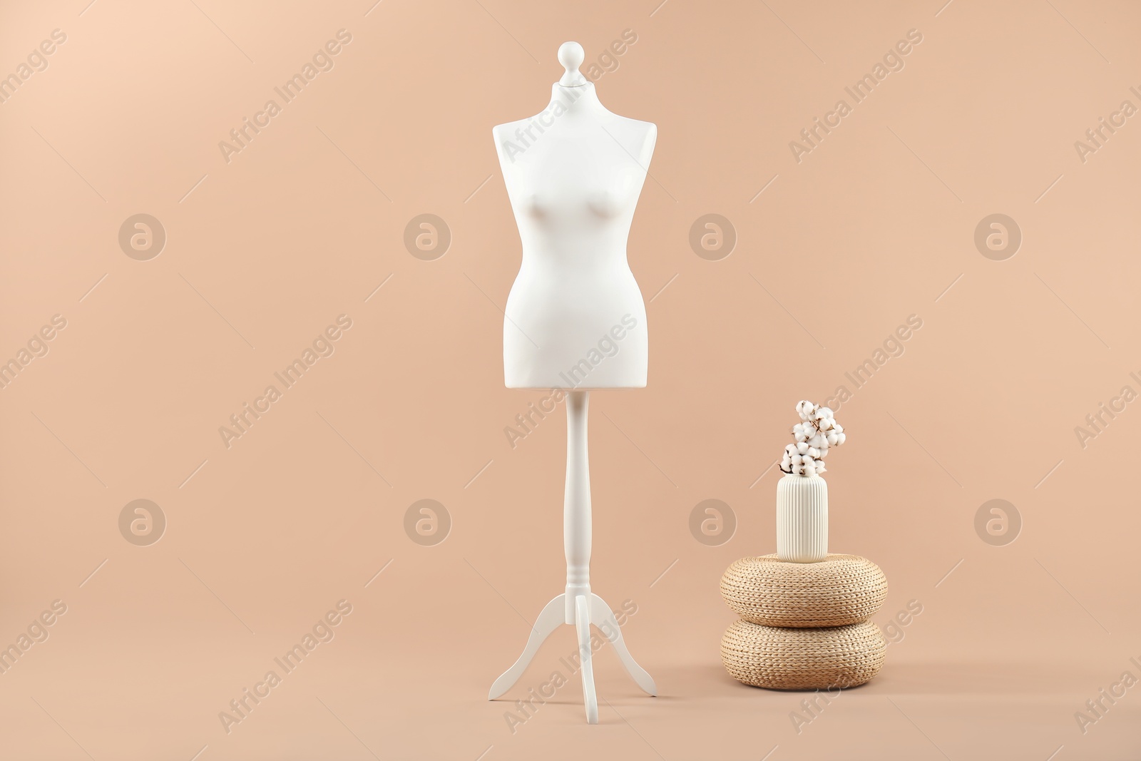 Photo of Female mannequin and vase on beige background