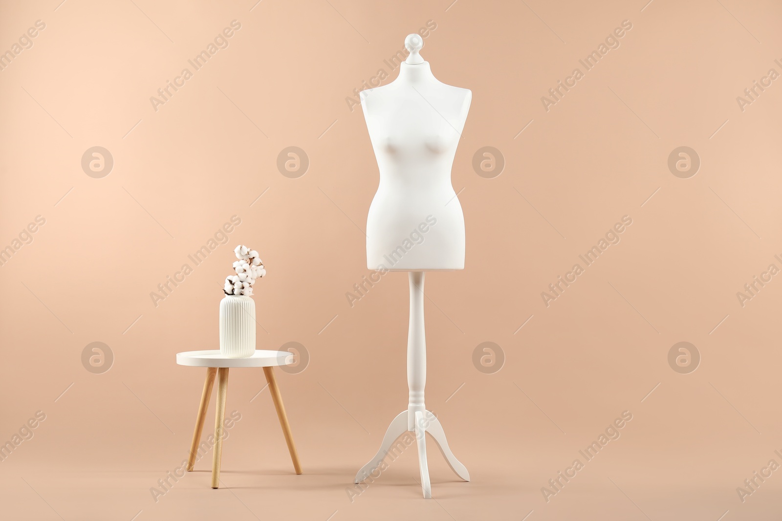 Photo of Female mannequin and vase on beige background