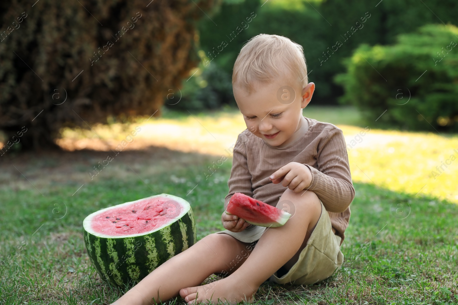 Photo of Cute little baby eating juicy watermelon on green grass outdoors