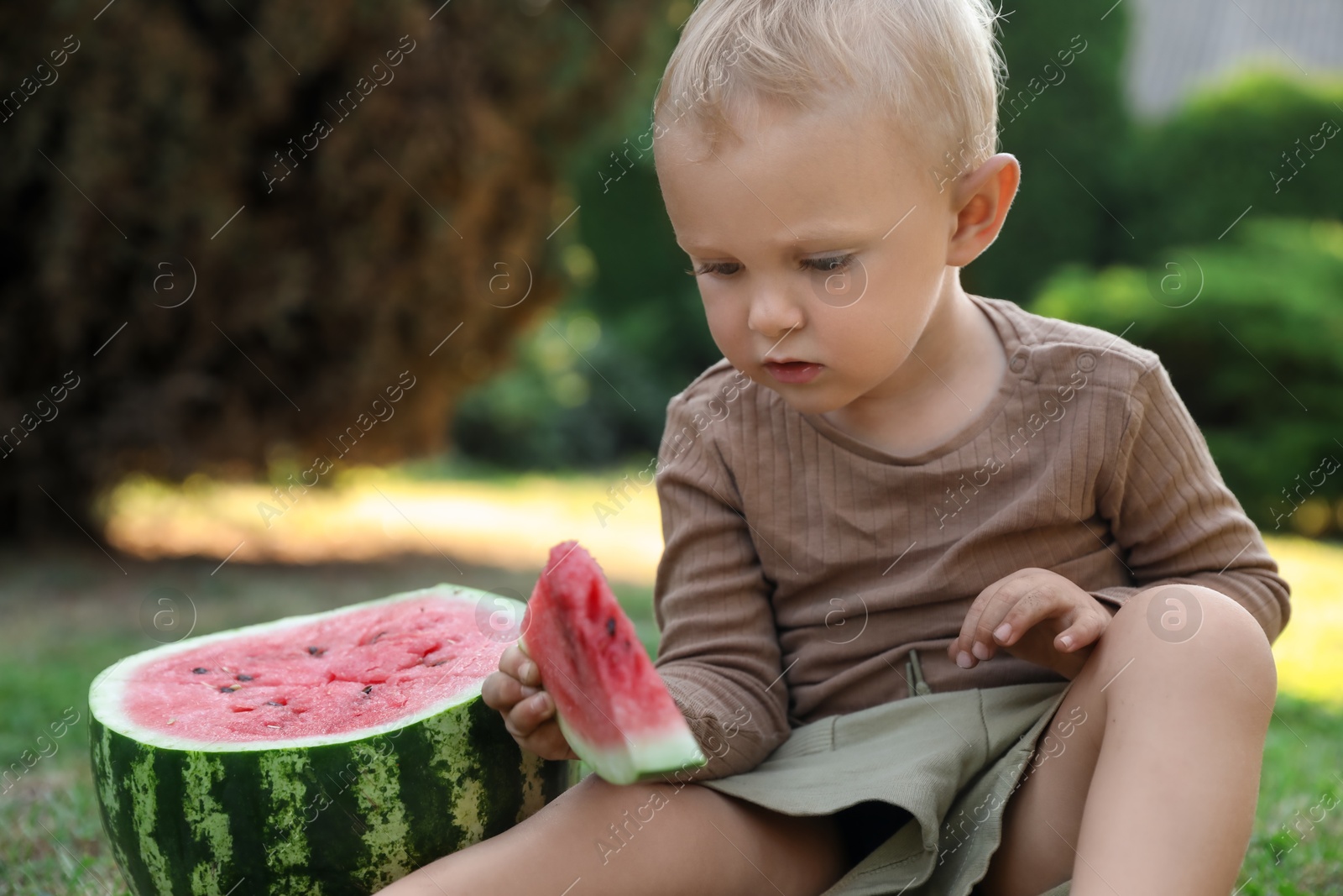 Photo of Cute little baby eating juicy watermelon on green grass outdoors