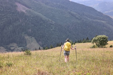 Photo of Young hiker with backpack and trekking poles in mountains, back view. Space for text