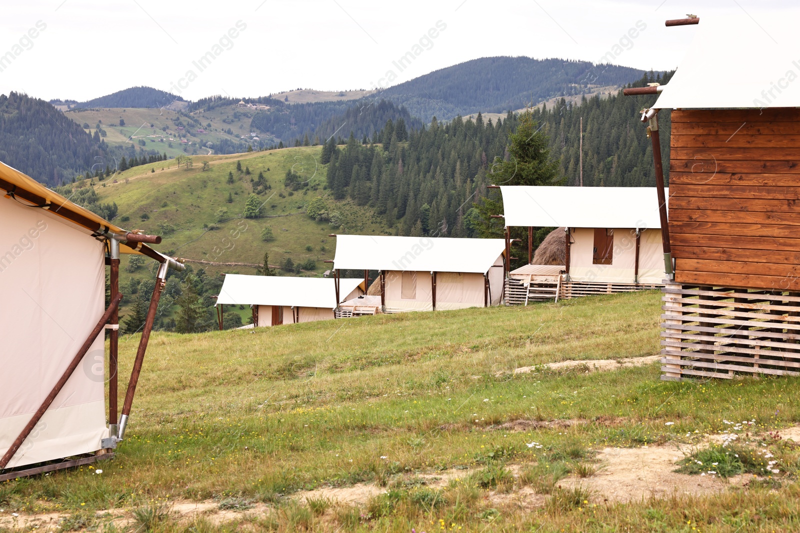 Photo of Green forest and many houses in mountains. Glamping site