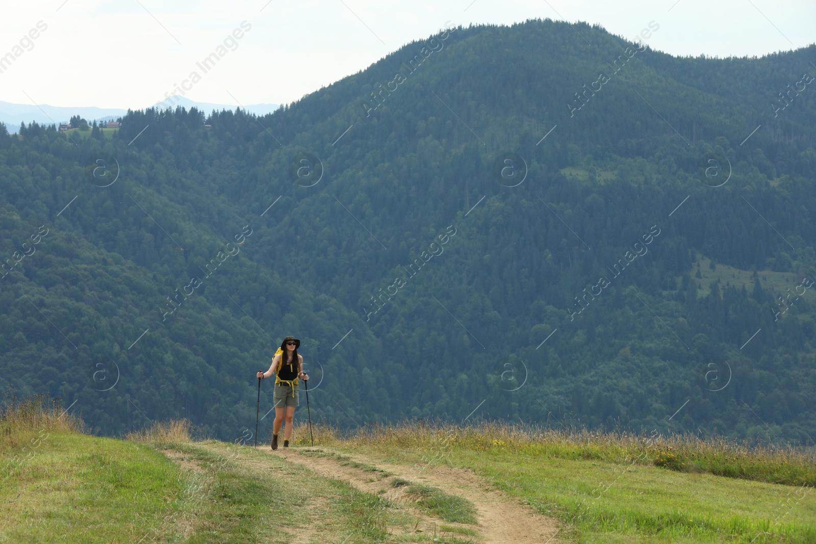 Photo of Young hiker with backpack and trekking poles in mountains, space for text