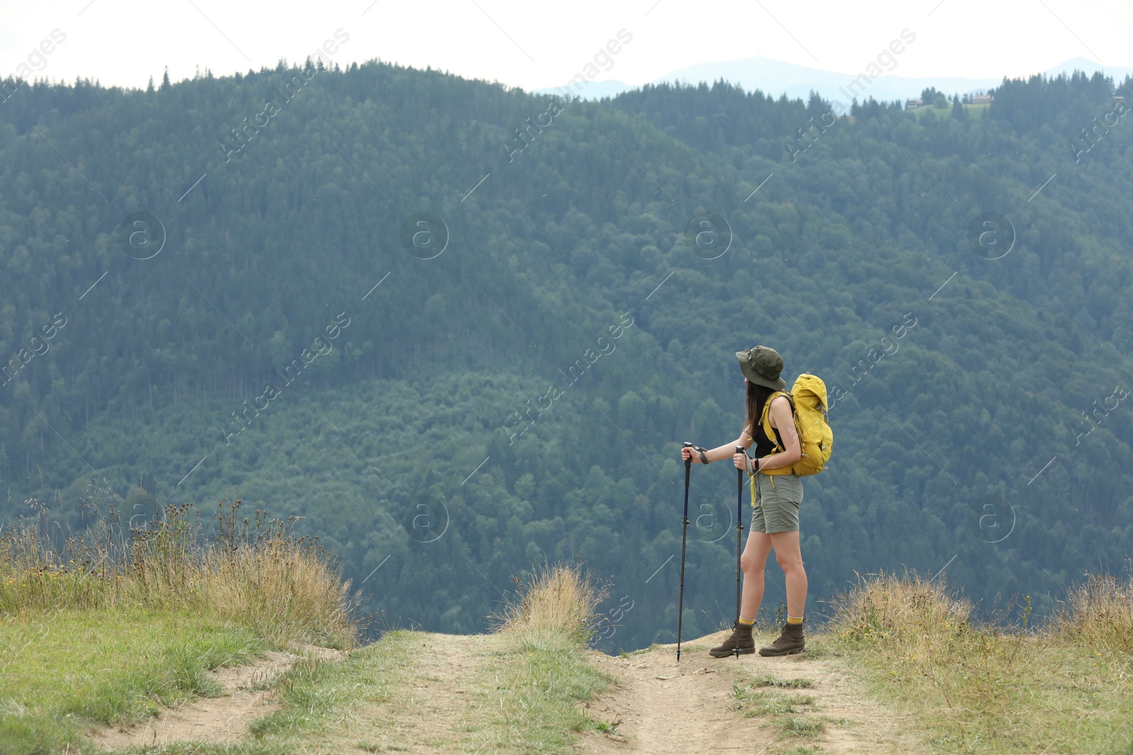 Photo of Young hiker with backpack and trekking poles in mountains, space for text