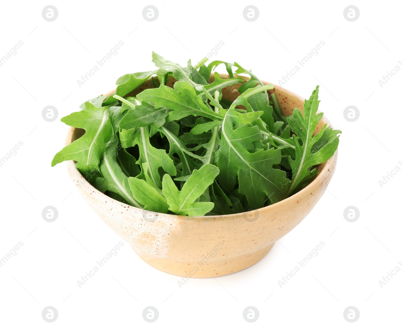 Photo of Fresh arugula leaves in bowl isolated on white