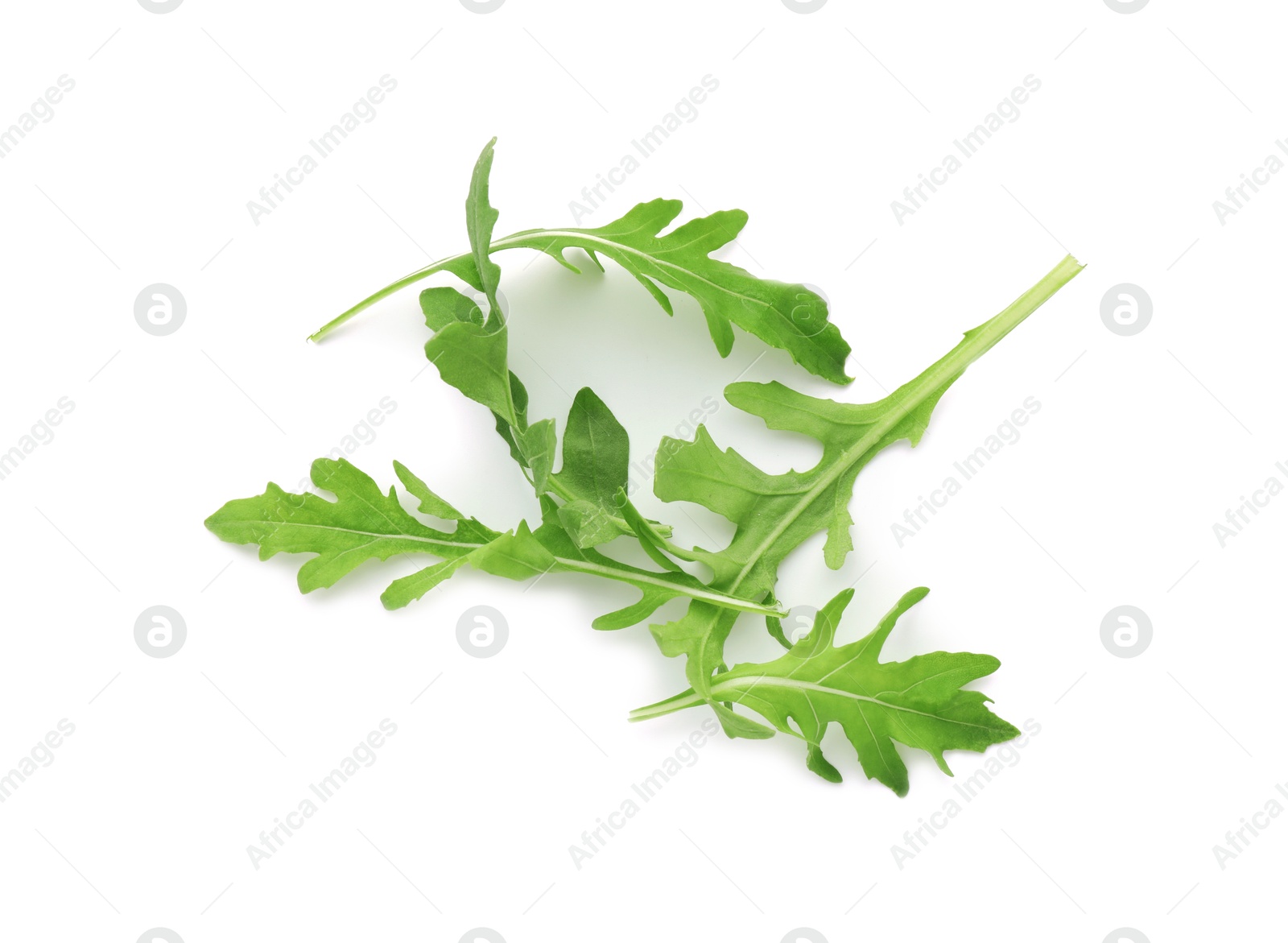 Photo of Fresh arugula leaves isolated on white, top view