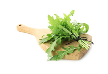 Photo of Bunch of fresh arugula leaves and board isolated on white