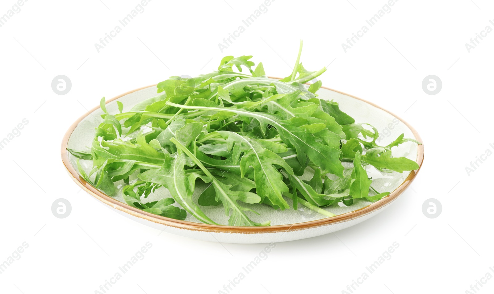 Photo of Plate with fresh arugula leaves isolated on white