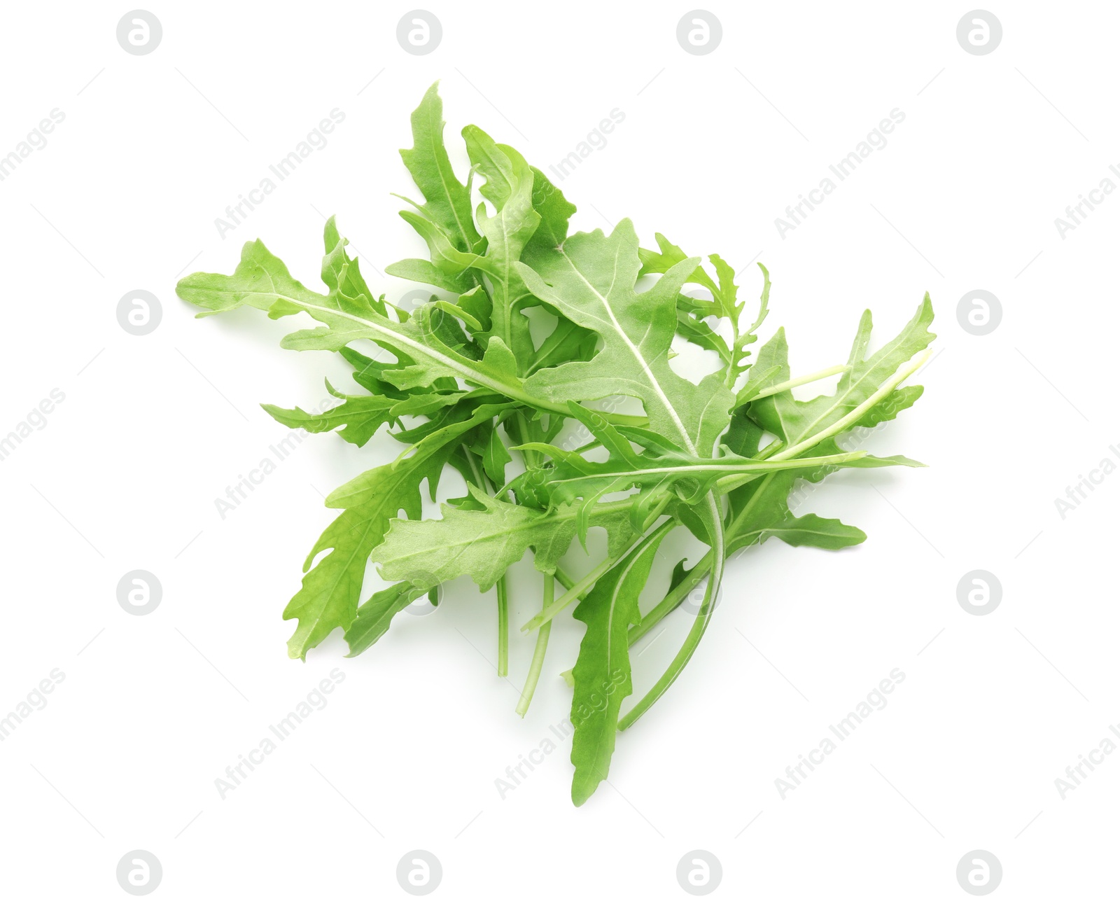 Photo of Fresh arugula leaves isolated on white, top view