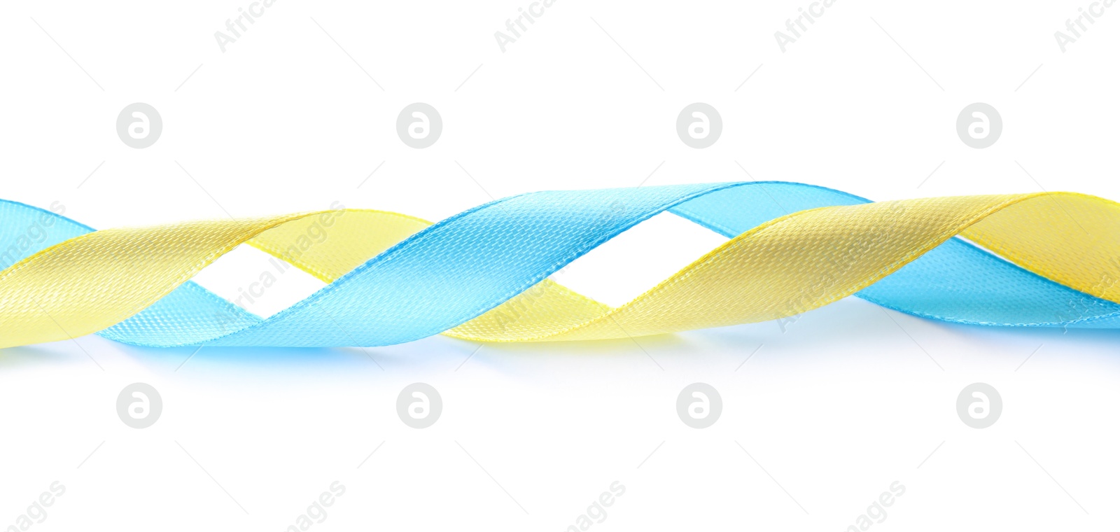 Photo of Ribbons in colors of Ukrainian national flag isolated on white