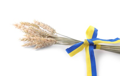 Photo of Ears of wheat with ribbon in colors of Ukrainian national flag isolated on white