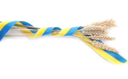 Photo of Ears of wheat with ribbon in colors of Ukrainian national flag isolated on white, top view