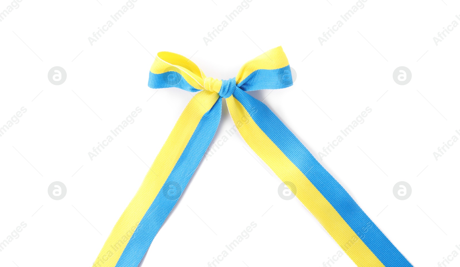 Photo of Ribbon with bow in colors of Ukrainian national flag isolated on white