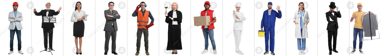 Image of People of different professions on white background, collage