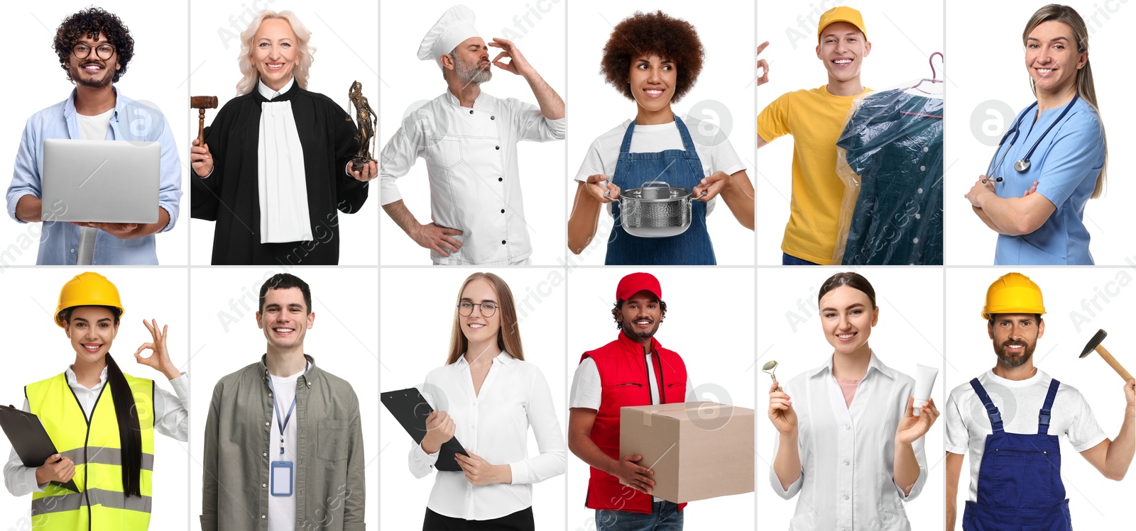 Image of People of different professions on white background, collage