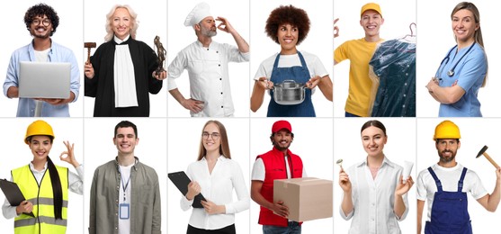 People of different professions on white background, collage