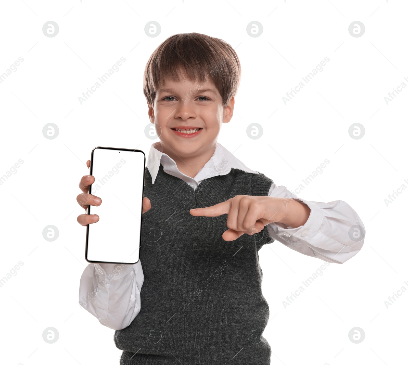 Photo of Little boy with smartphone on white background