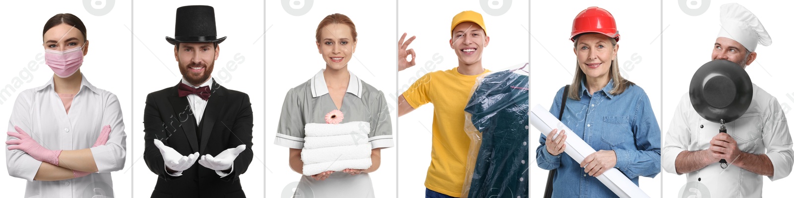 Image of People of different professions on white background, collage