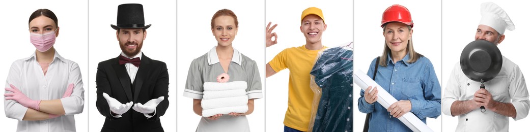 Image of People of different professions on white background, collage