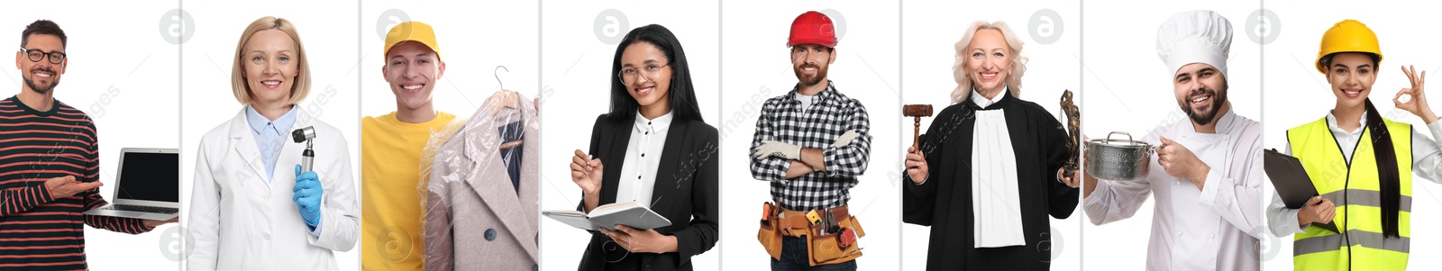 Image of People of different professions on white background, collage