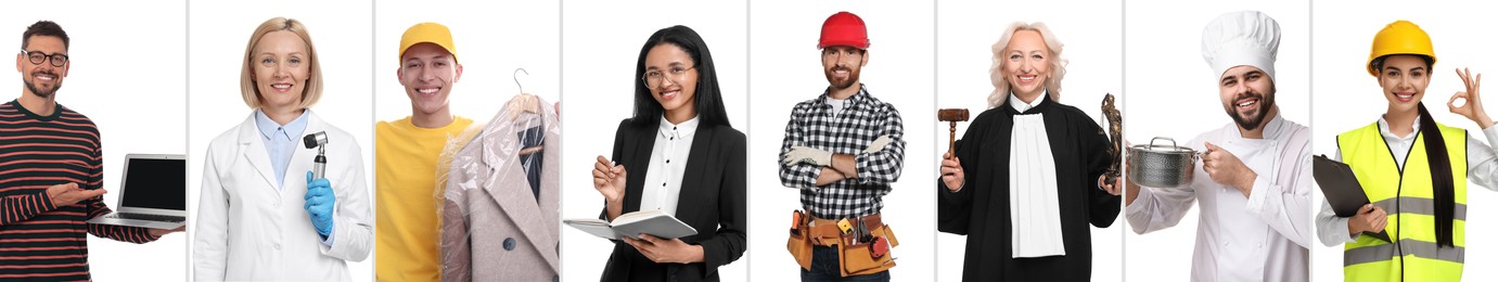 People of different professions on white background, collage