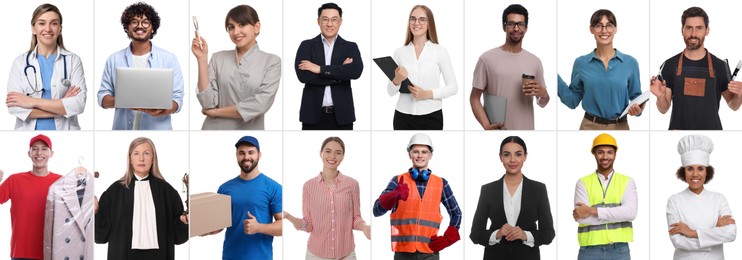 People of different professions on white background, collage