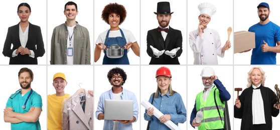 People of different professions on white background, collage