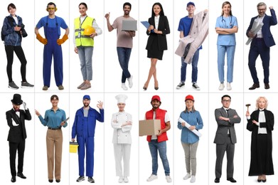 People of different professions on white background, collage