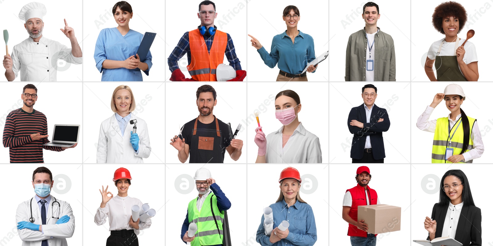 Image of People of different professions on white background, collage