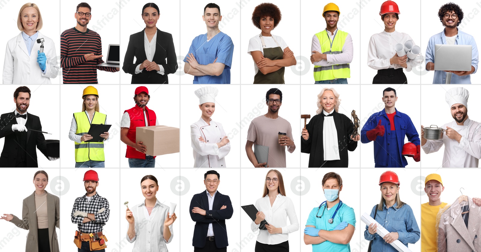 Image of People of different professions on white background, collage