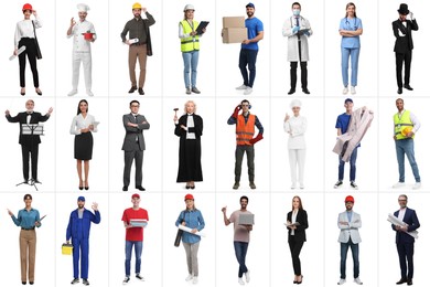 People of different professions on white background, collage