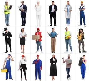 People of different professions on white background, collage