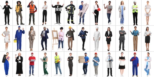 People of different professions on white background, collage