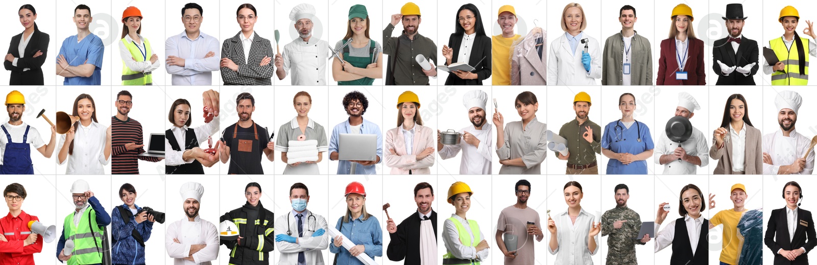 Image of People of different professions on white background, collage