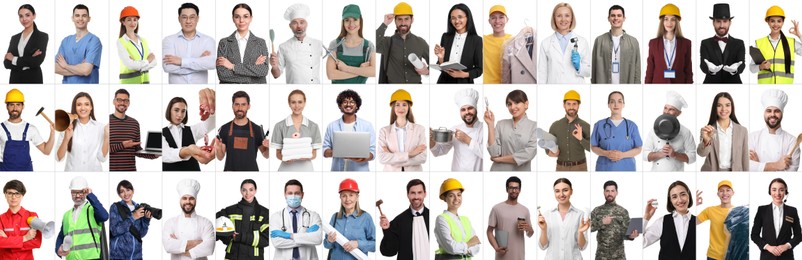 People of different professions on white background, collage