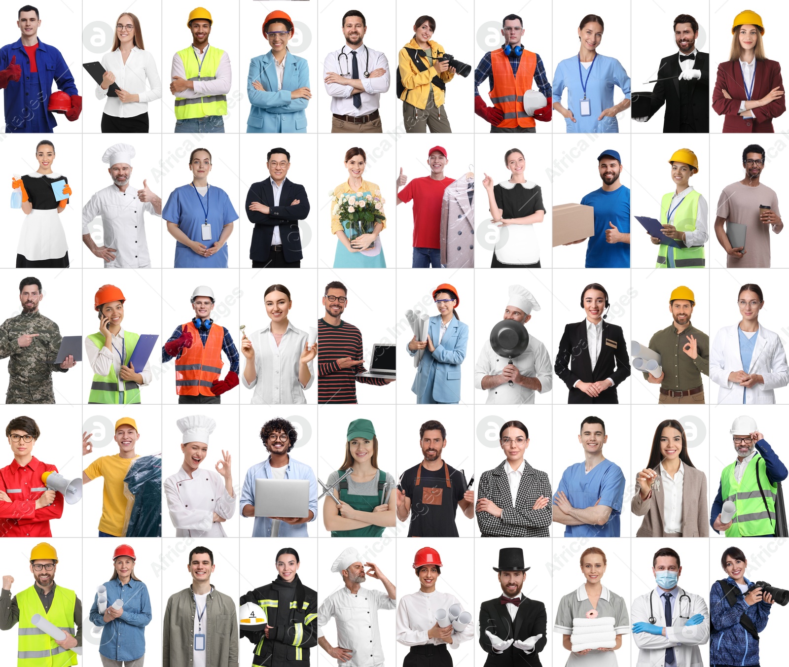 Image of People of different professions on white background, collage