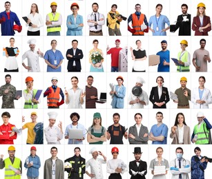 People of different professions on white background, collage