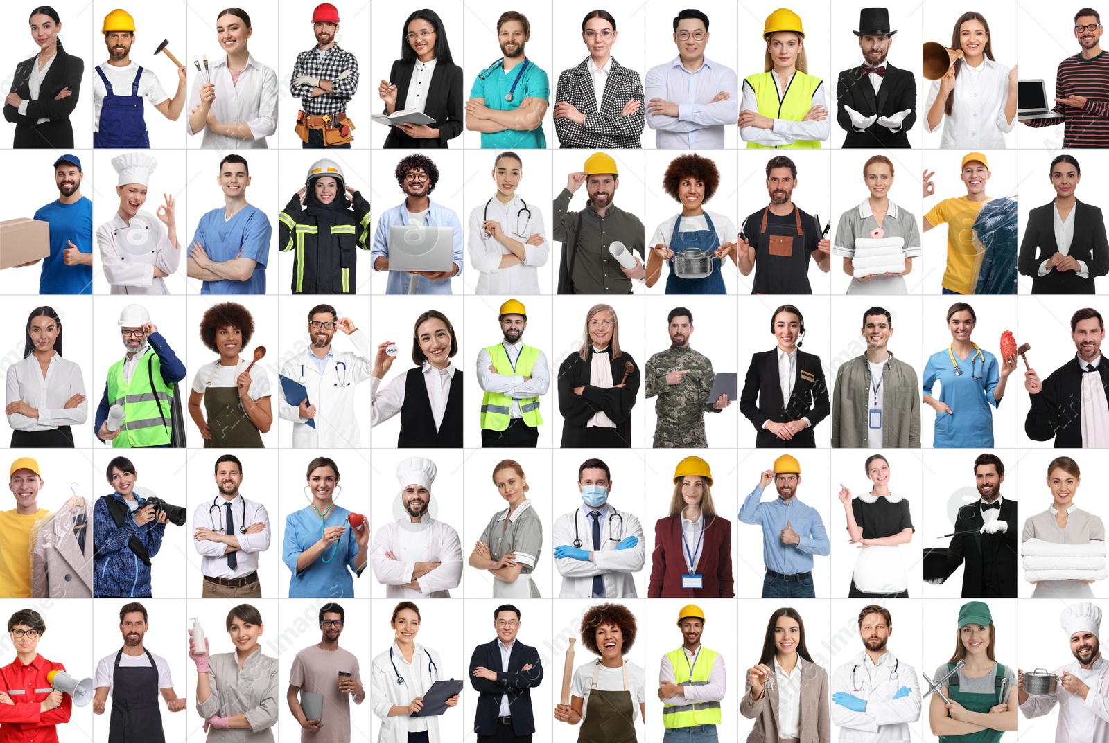 Image of People of different professions on white background, collage