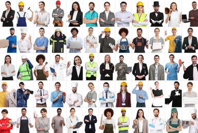 People of different professions on white background, collage