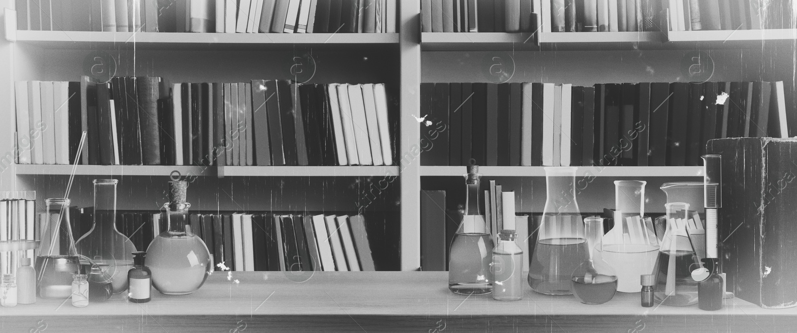 Image of Chemist's cabinet with laboratory glassware and shelves full of books, vintage style. Banner design