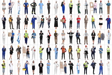 People of different professions on white background, collage