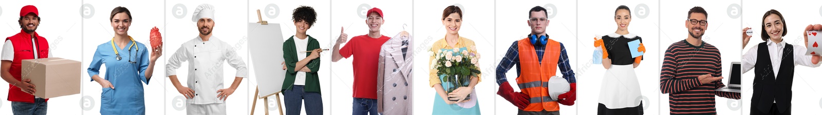 Image of People of different professions on white background, collage