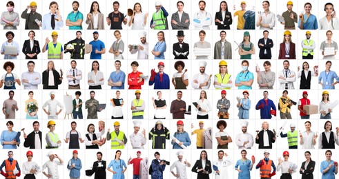 People of different professions on white background, collage