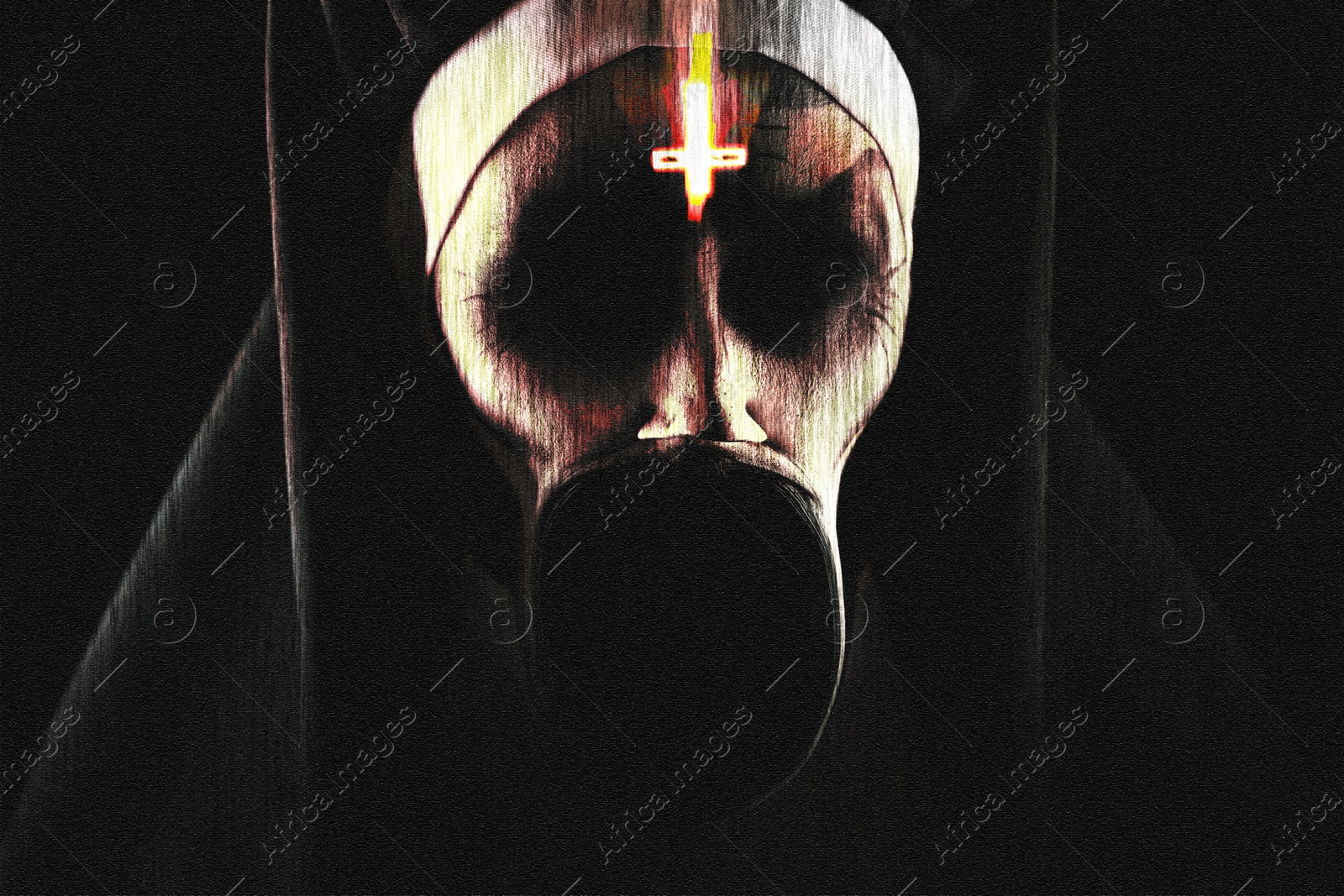 Image of Terrifying nun with overturned cross on forehead and distorted in scream mouth